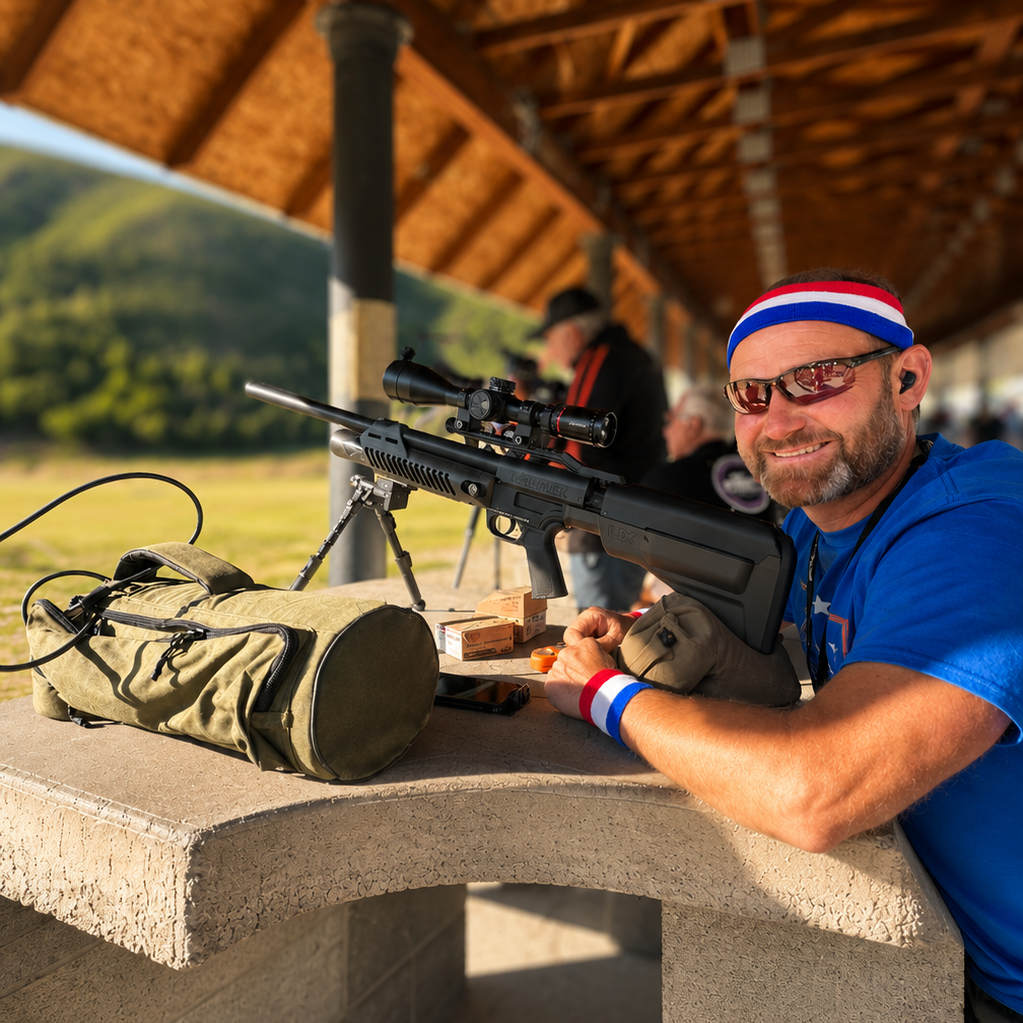 Man with a rifle at a shooting range, wearing a blue shirt and red, white, and blue headband.